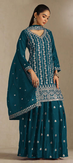 Blue color Salwar Kameez in Chinon Silk fabric with Embroidered work