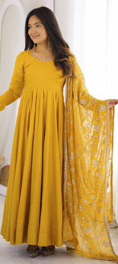 Yellow color Salwar Kameez in Roman fabric with Embroidered, Lace, Sequence, Zari work