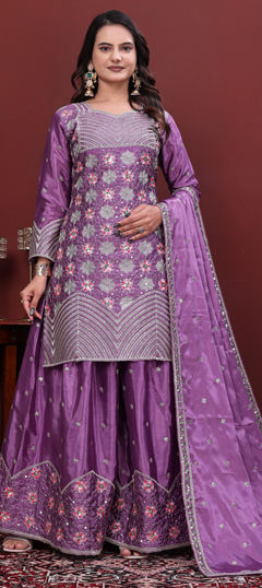 Purple and Violet color Salwar Kameez in Chinon Silk fabric with Embroidered, Sequence work