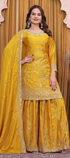 Yellow color Salwar Kameez in Chinon Silk fabric with Embroidered, Sequence work