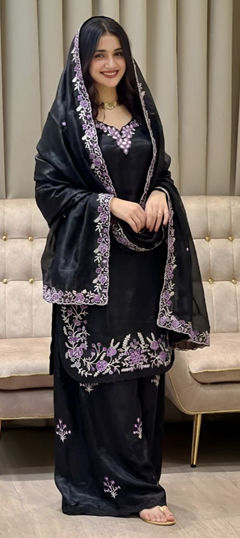 Black and Grey color Salwar Kameez in Tissue fabric with Embroidered, Sequence work