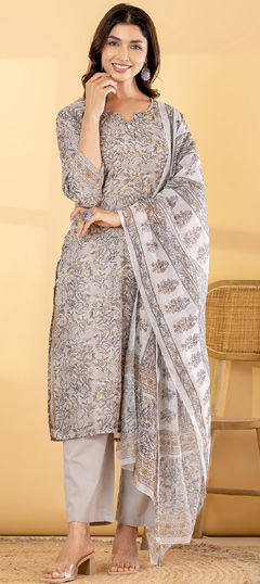 Beige and Brown, Green color Salwar Kameez in Mul Chanderi fabric with Floral, Printed work