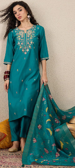 Blue color Salwar Kameez in Blended fabric with Embroidered work