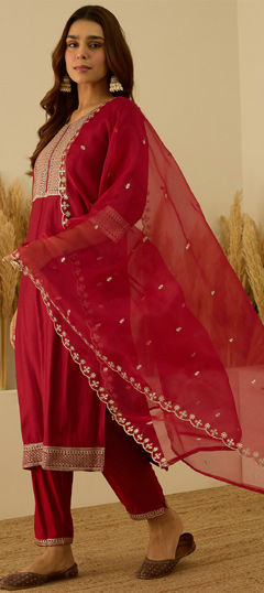 Red and Maroon color Salwar Kameez in Rayon, Viscose fabric with Embroidered work