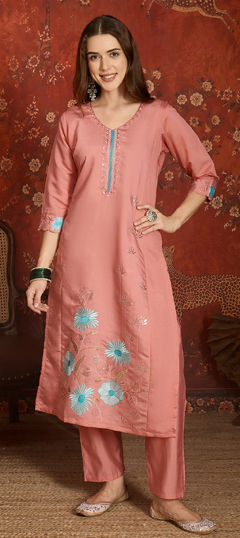 Pink and Majenta color Salwar Kameez in Roman fabric with Embroidered work