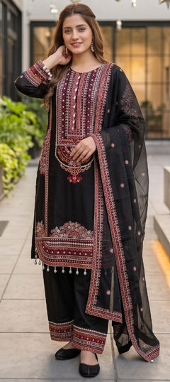 Black and Grey color Salwar Kameez in Mul Chanderi fabric with Embroidered work