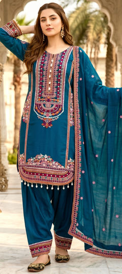 Blue color Salwar Kameez in Mul Chanderi fabric with Embroidered work