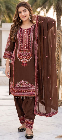 Beige and Brown color Salwar Kameez in Mul Chanderi fabric with Embroidered work