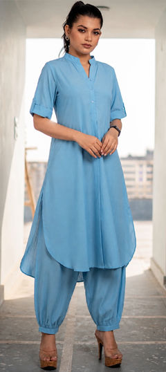 Blue color Salwar Kameez in Rayon fabric with Thread work