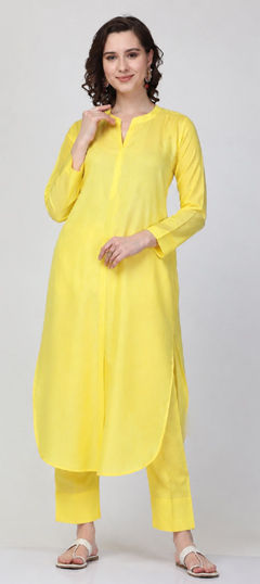 Yellow color Salwar Kameez in Rayon fabric with Thread work