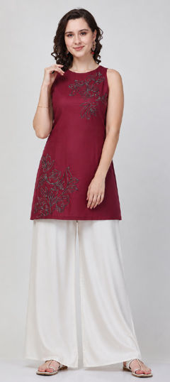 Red and Maroon color Salwar Kameez in Cotton fabric with Thread work