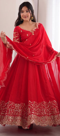 Red and Maroon color Salwar Kameez in Tissue fabric with Embroidered, Sequence work