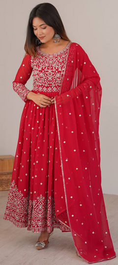 Red and Maroon color Salwar Kameez in Faux Georgette fabric with Embroidered, Sequence work