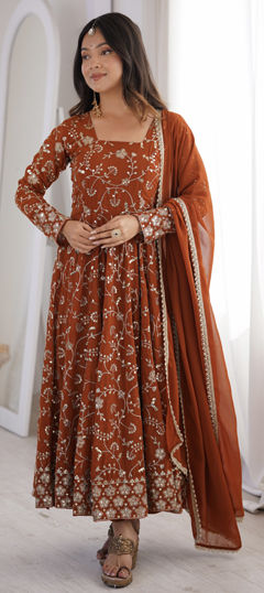 Orange color Salwar Kameez in Georgette fabric with Sequence work