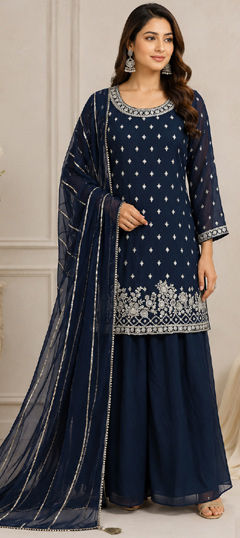 Blue color Salwar Kameez in Georgette fabric with Embroidered work