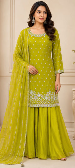 Yellow color Salwar Kameez in Georgette fabric with Embroidered work