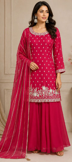 Pink and Majenta color Salwar Kameez in Georgette fabric with Embroidered work