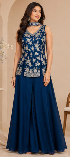 Blue color Salwar Kameez in Georgette fabric with Embroidered work