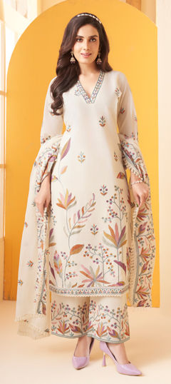 White and Off White color Salwar Kameez in Cotton fabric with Embroidered, Lace work
