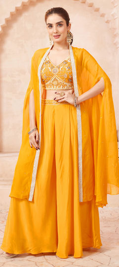 Yellow color Salwar Kameez in Georgette fabric with Bugle Beads, Cut Dana, Sequence, Thread work