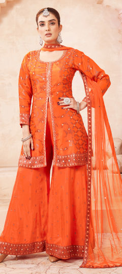 Orange color Salwar Kameez in Georgette fabric with Sequence, Thread, Weaving work