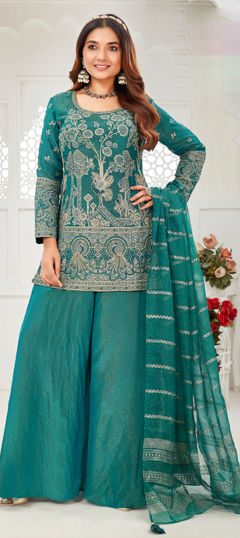 Blue color Salwar Kameez in Organza Silk fabric with Embroidered, Sequence work