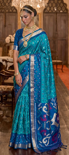 Blue color Saree in Silk fabric with Printed, Weaving work