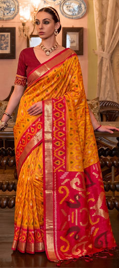 Yellow color Saree in Silk fabric with Printed, Weaving work