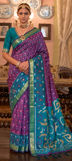 Purple and Violet color Saree in Silk fabric with Printed, Weaving work