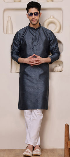 Black and Grey color Kurta Pyjamas in Blended fabric with Weaving work
