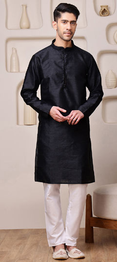 Black and Grey color Kurta Pyjamas in Blended fabric with Weaving work