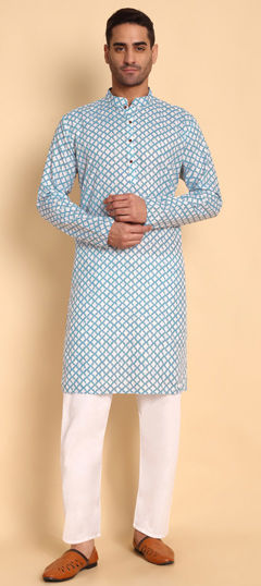 Blue color Kurta Pyjamas in Cotton fabric with Printed work