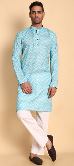 Blue color Kurta Pyjamas in Cotton fabric with Printed work