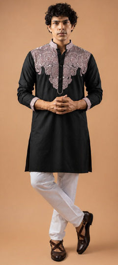 Black and Grey color Kurta Pyjamas in Viscose fabric with Embroidered work