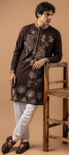 Beige and Brown color Kurta Pyjamas in Viscose fabric with Embroidered work