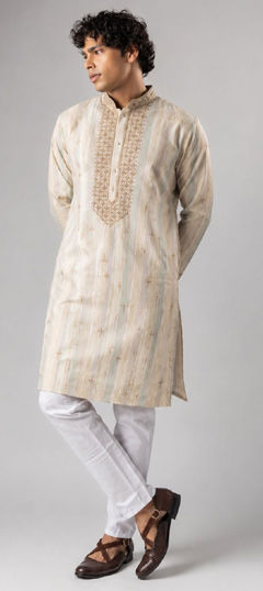 Beige and Brown color Kurta Pyjamas in Viscose fabric with Embroidered work