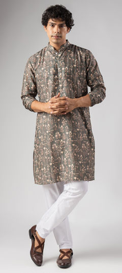 Black and Grey color Kurta Pyjamas in Art Silk fabric with Printed, Weaving work