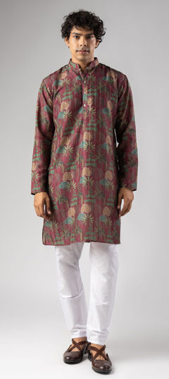 Red and Maroon color Kurta Pyjamas in Art Silk fabric with Printed, Weaving work