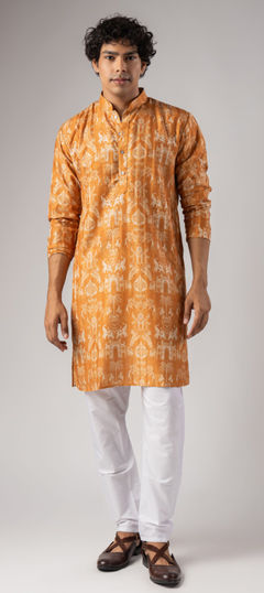 Orange color Kurta Pyjamas in Art Silk fabric with Weaving work