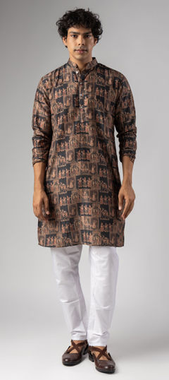 Black and Grey color Kurta Pyjamas in Art Silk fabric with Printed, Weaving work