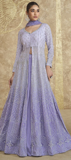 Purple and Violet color Long Lehenga Choli in Georgette fabric with Embroidered, Thread work