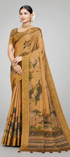 Yellow color Saree in Kanjeevaram Silk fabric with Floral, Printed, Weaving, Zari work