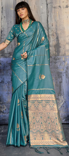 Blue color Saree in Satin fabric with Weaving work