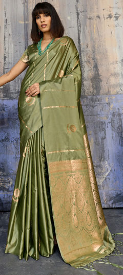 Green color Saree in Satin fabric with Weaving work