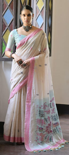 Pink and Majenta, White and Off White color Saree in Cotton fabric with Border, Weaving work