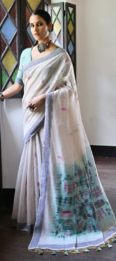 Blue, White and Off White color Saree in Cotton fabric with Border, Weaving work