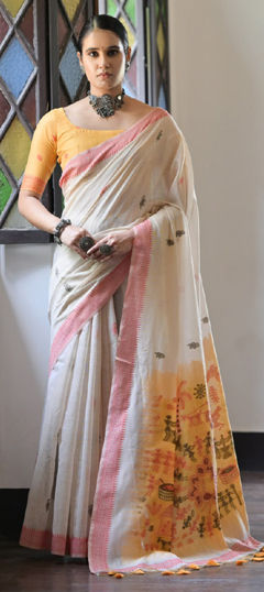 White and Off White, Yellow color Saree in Cotton fabric with Border, Weaving work