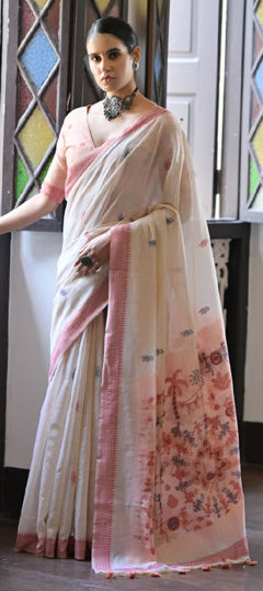 Pink and Majenta, White and Off White color Saree in Cotton fabric with Border, Weaving work