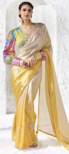Yellow color Saree in Organza Silk fabric with Bugle Beads, Digital Print, Lace work