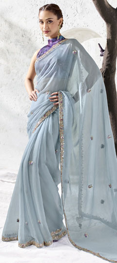 Blue color Saree in Organza Silk fabric with Cut Dana, Digital Print, Sequence, Thread work